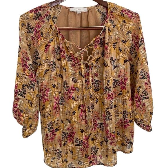 LOFT Petite Floral Boho Tie Neck Blouse MP - Picture 3 of 12